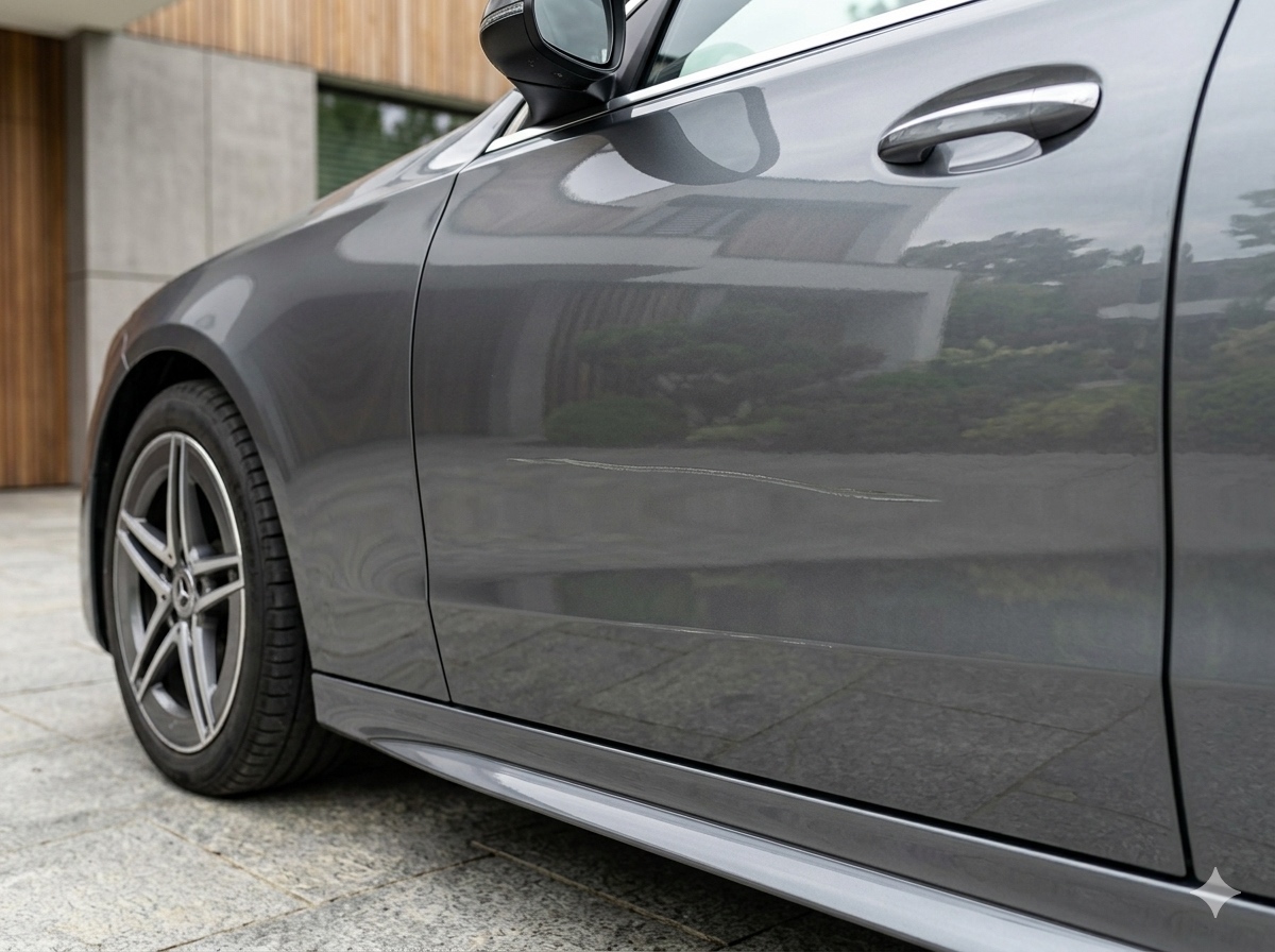Gros plan sur une rayure de carrosserie analysée par SKINAUTOS