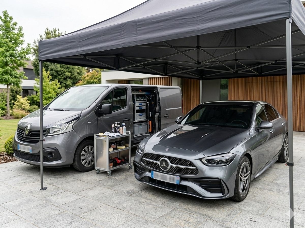 Intervention carrosserie à domicile avec véhicule réparé sous barnum SKINAUTOS